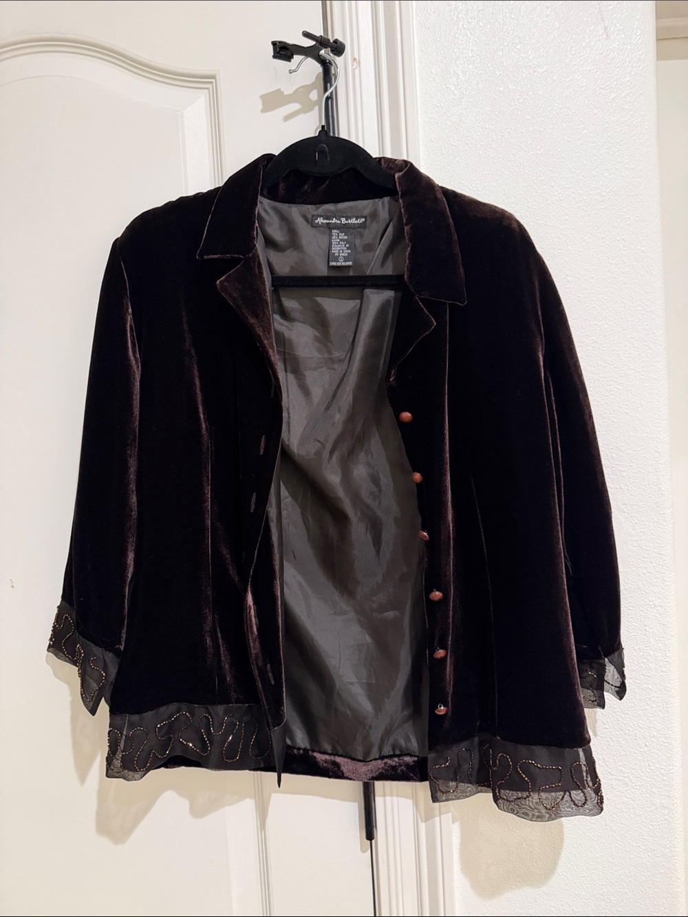 Dark brown silk velvet beaded button shirt size small Alexandra Bartlett